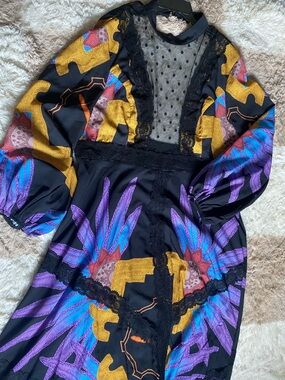 Black Printed Lace-Detail Open Back Maxi Dress with Vibrant Purple & Gold Motif